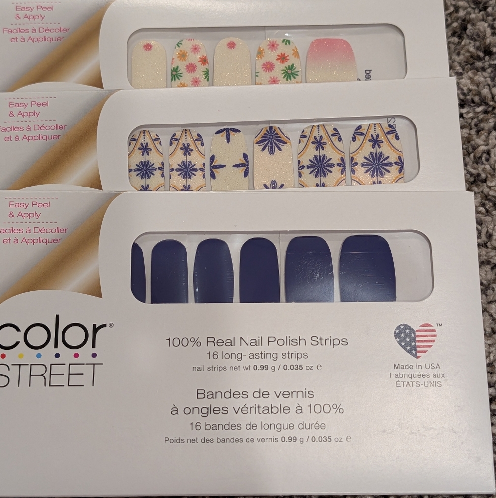 Color Street Press-On Nails - Pink, Blue, Cream Designs